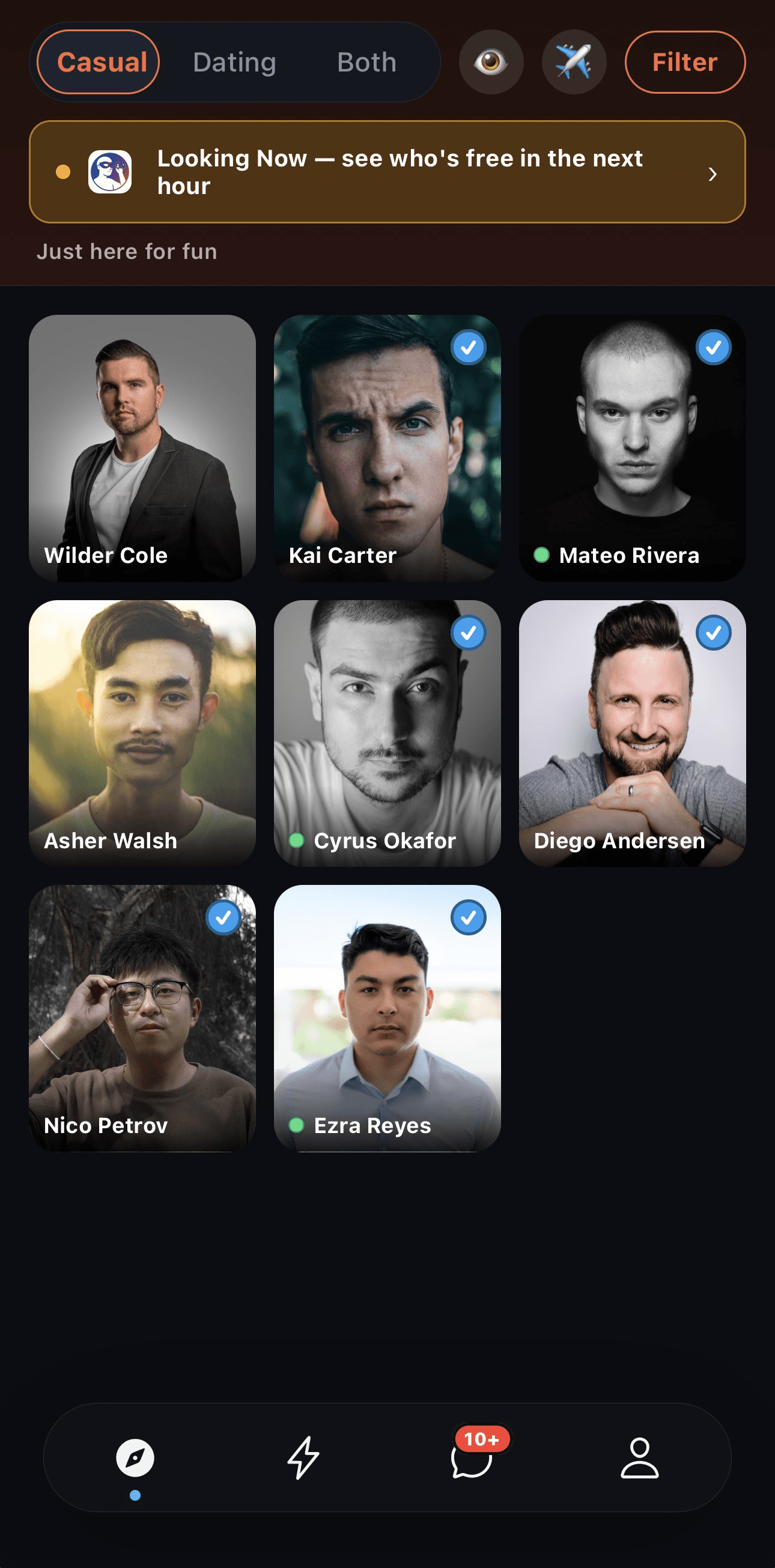 Spott's Casual discovery grid showing nearby profiles